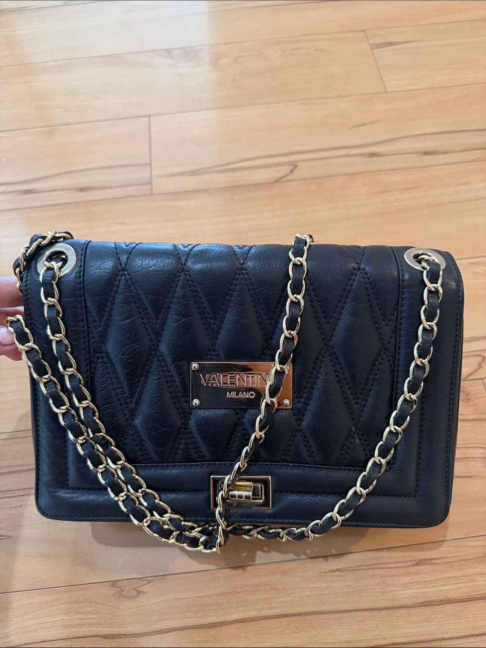 Authentic Valentino Quilted Black Leather Shoulder Bag with chain straps